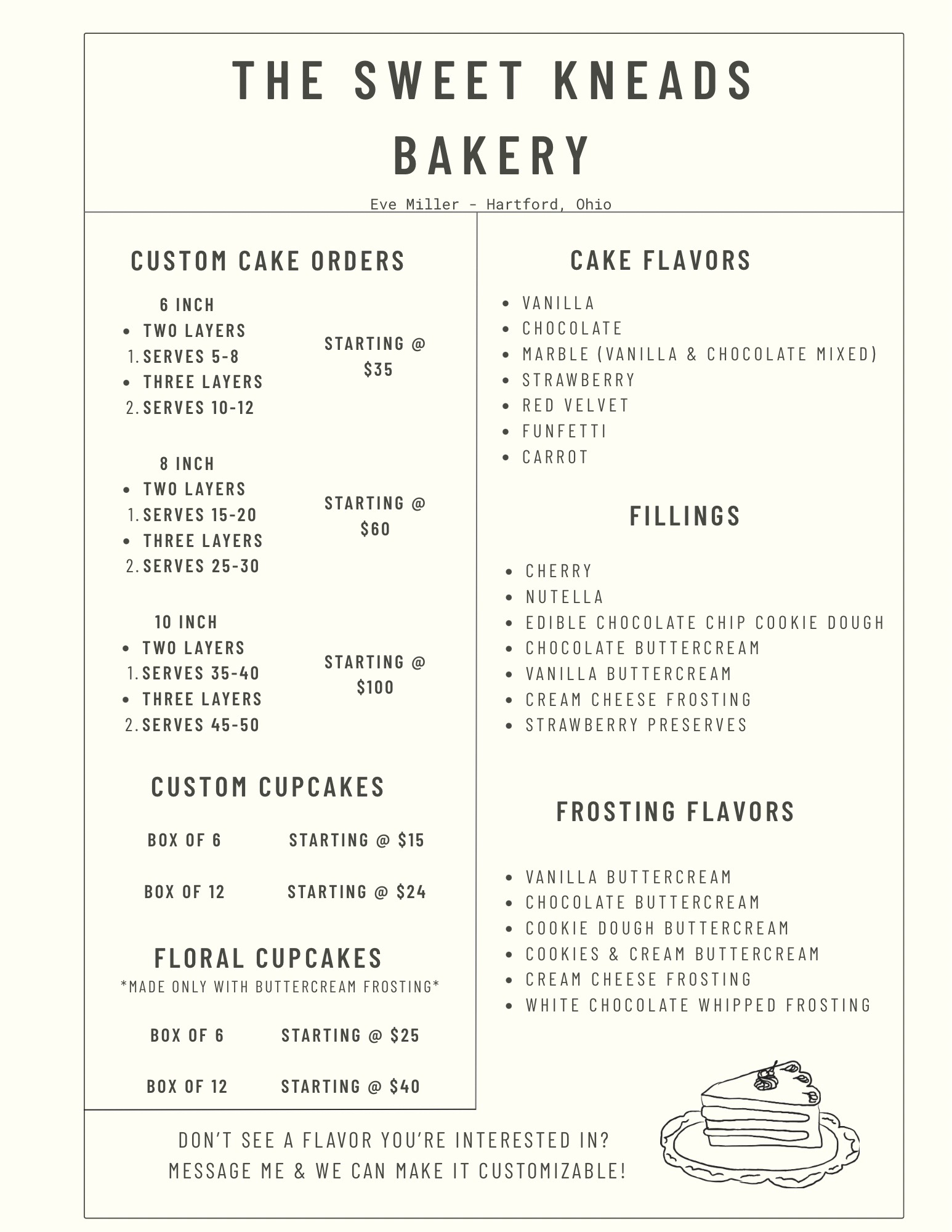 The Sweet Kneads Bakery cake menu