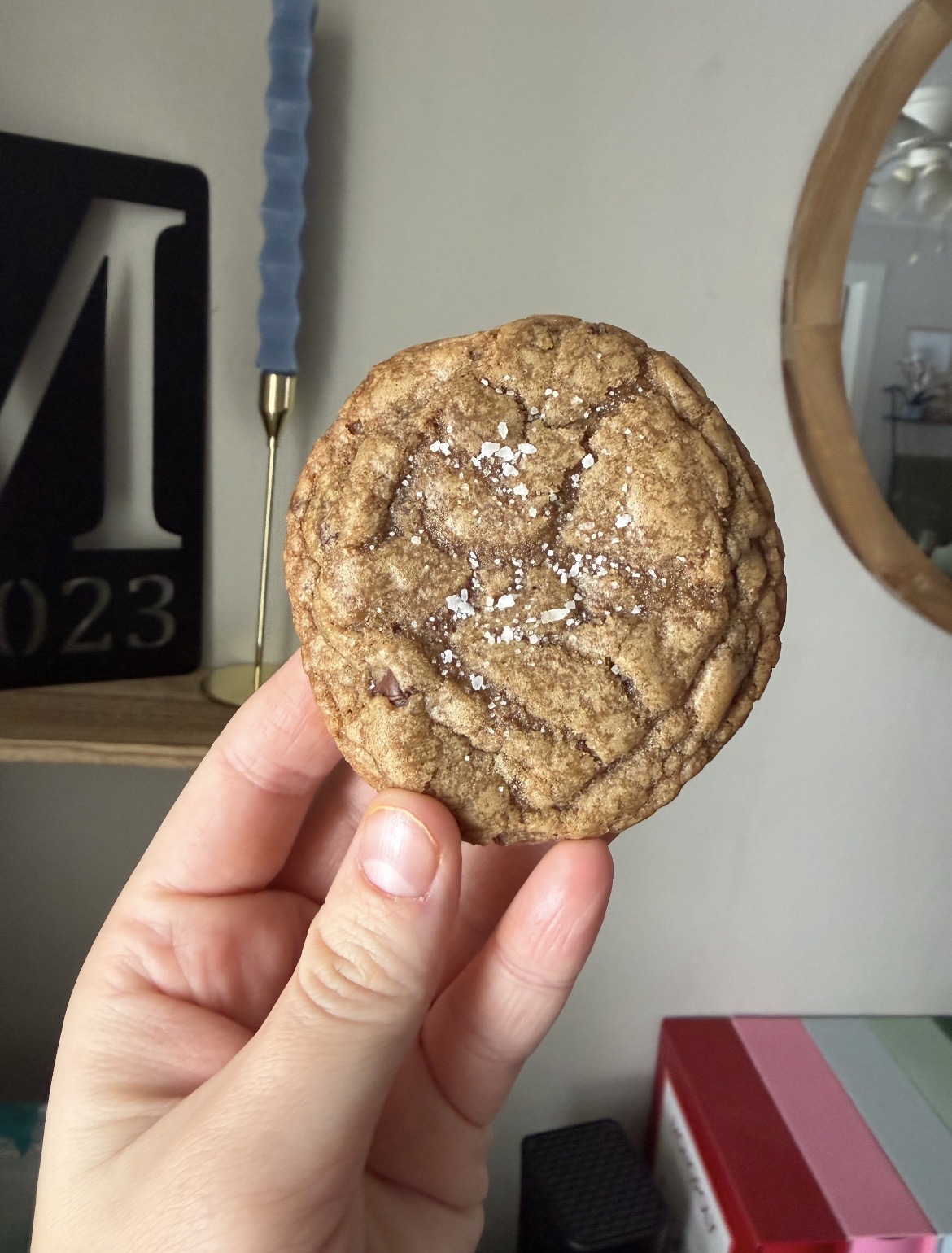 Salted cookie held in hand