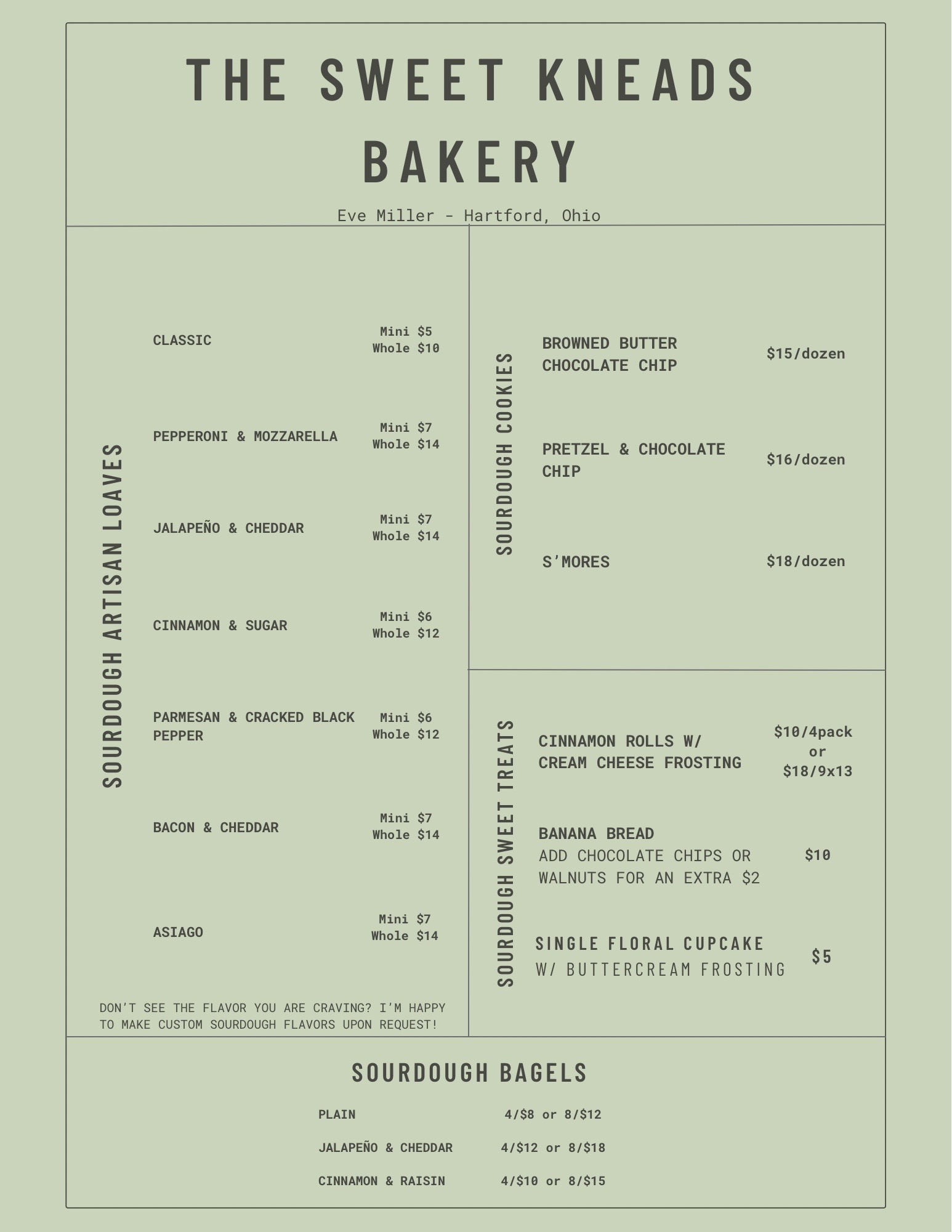 The Sweet Kneads Bakery sourdough menu